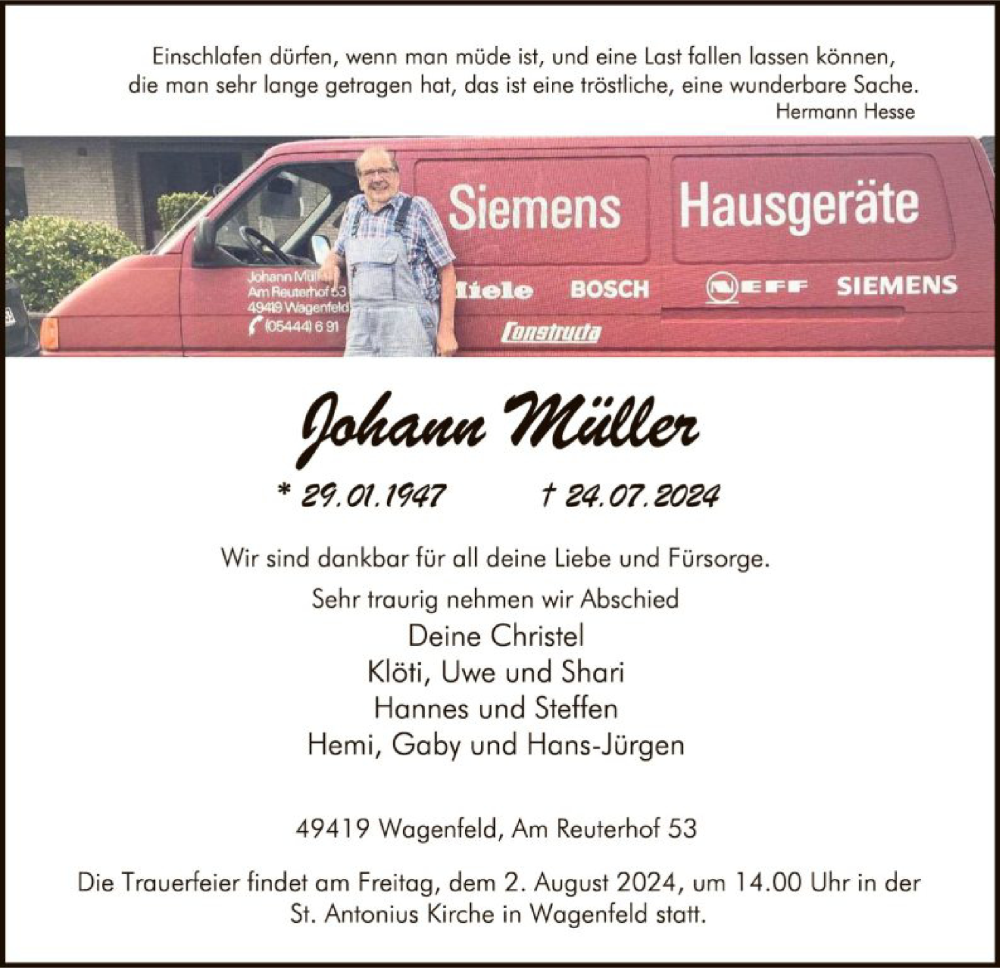  Traueranzeige für Johann Müller vom 27.07.2024 aus SYK