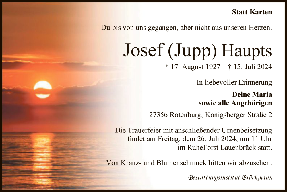  Traueranzeige für Josef Haupts vom 20.07.2024 aus SYK