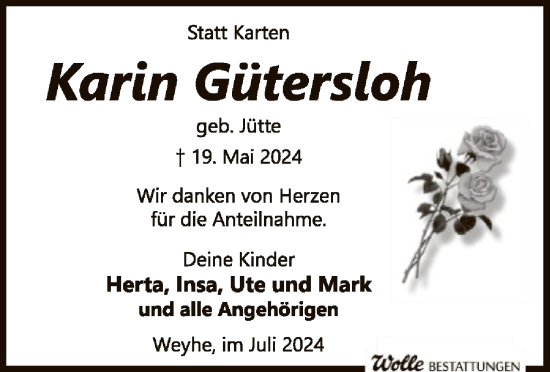 Traueranzeige von Karin Gütersloh von SYK