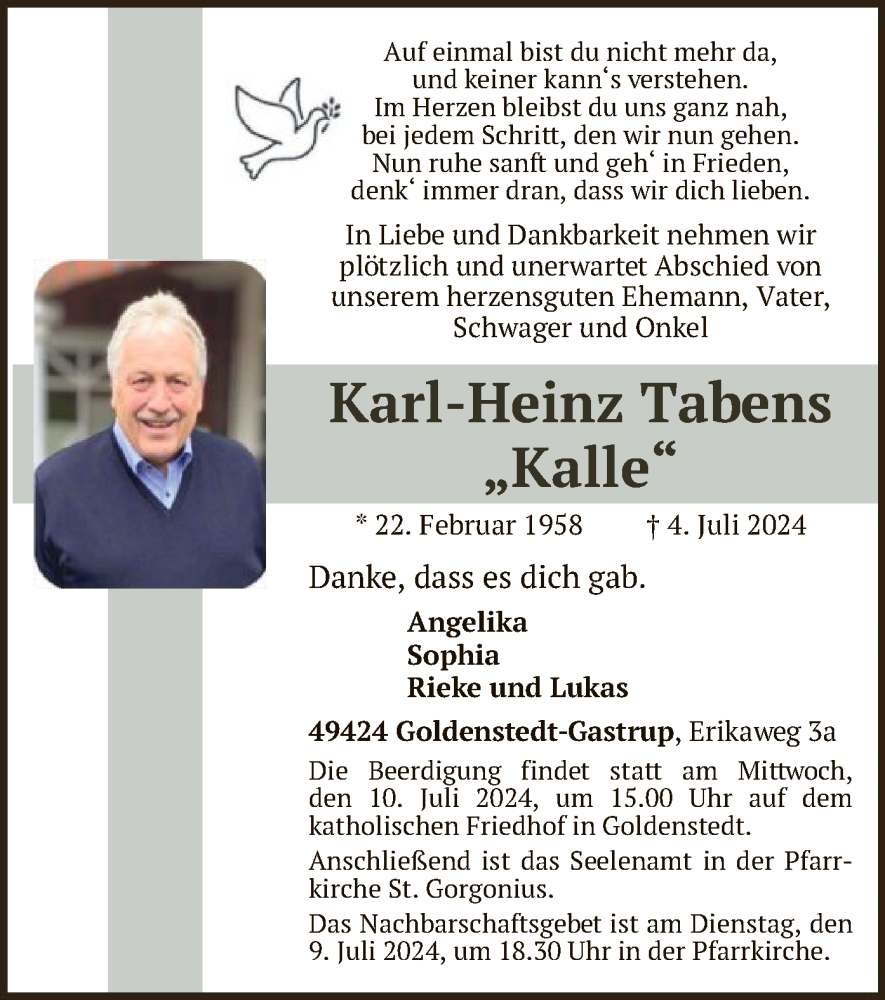  Traueranzeige für Karl-Heinz Tabens vom 09.07.2024 aus SYK