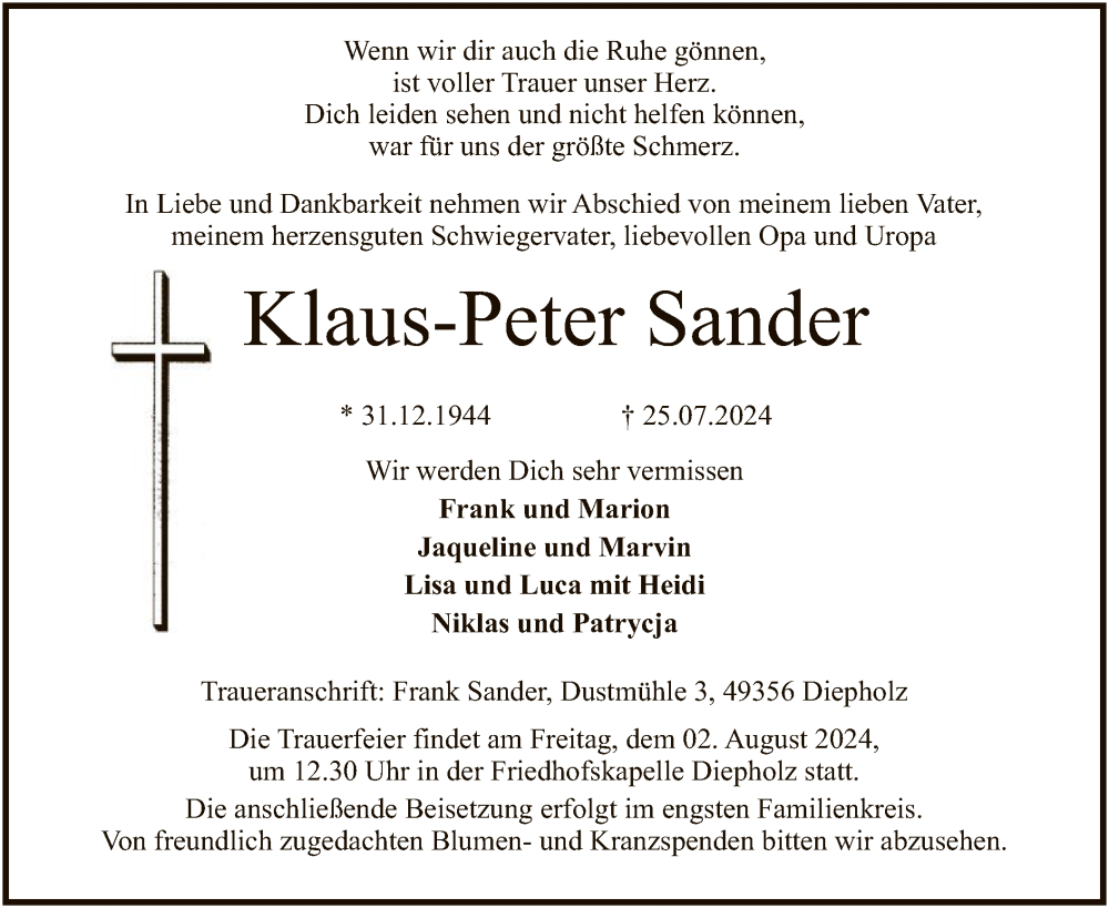  Traueranzeige für Klaus-Peter Sander vom 27.07.2024 aus SYK