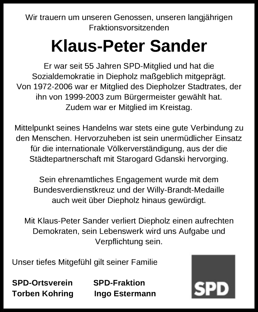  Traueranzeige für Klaus-Peter Sander vom 31.07.2024 aus SYK