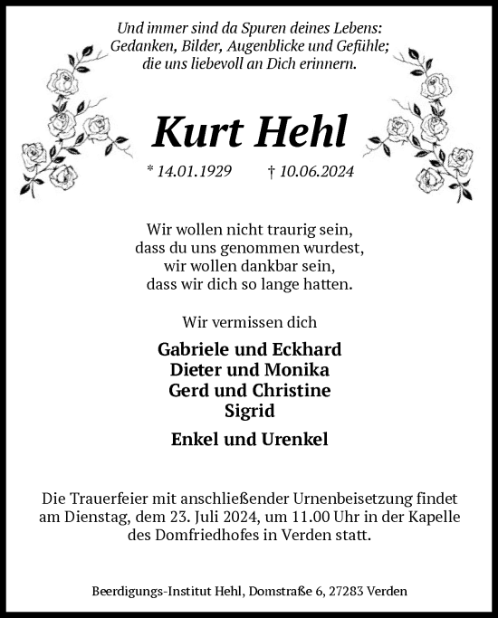 Traueranzeige von Kurt Hehl von SYK