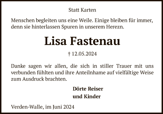 Traueranzeige von Lisa Fastenau von SYK