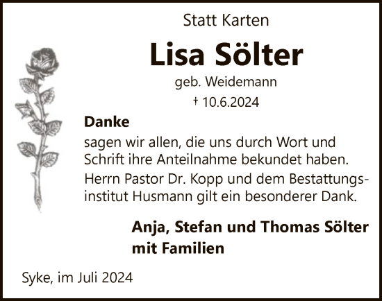 Traueranzeige von Lisa Sölter