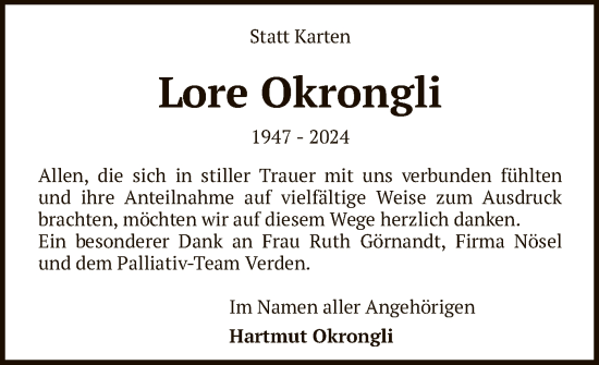 Traueranzeige von Lore Okrongli von SYK