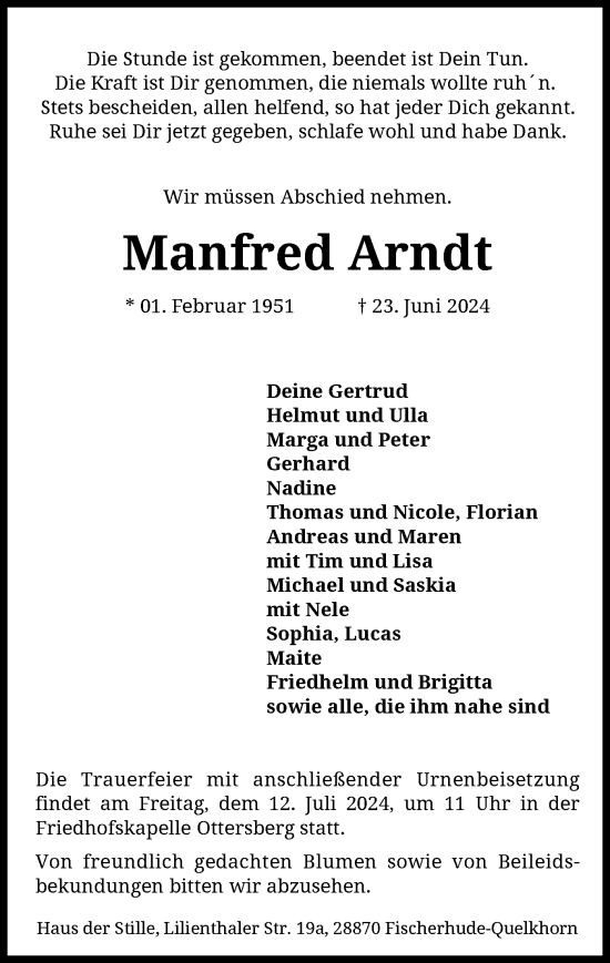 Traueranzeige von Manfred Arndt von SYK