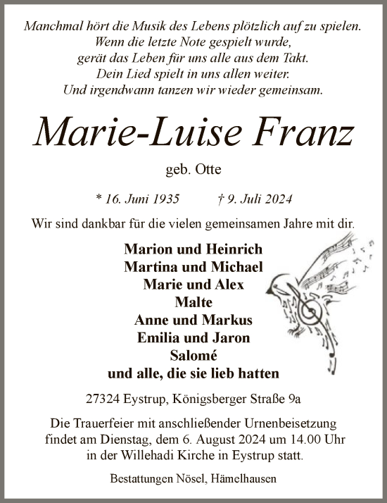 Traueranzeige von Marie-Luise Franz von SYK