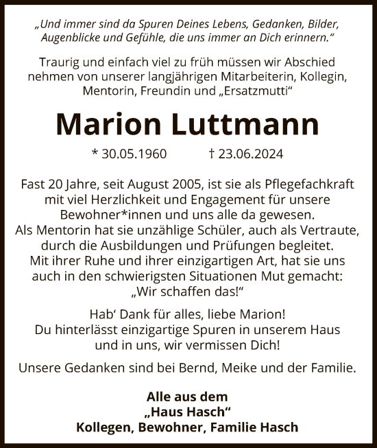 Traueranzeige von Marion Luttmann von SYK