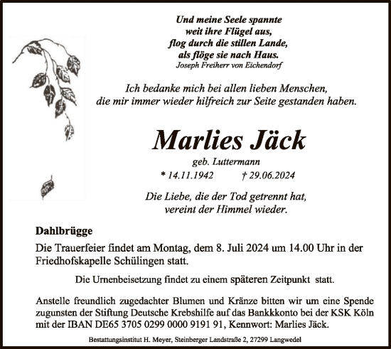 Traueranzeige von Marlies Jäck von SYK