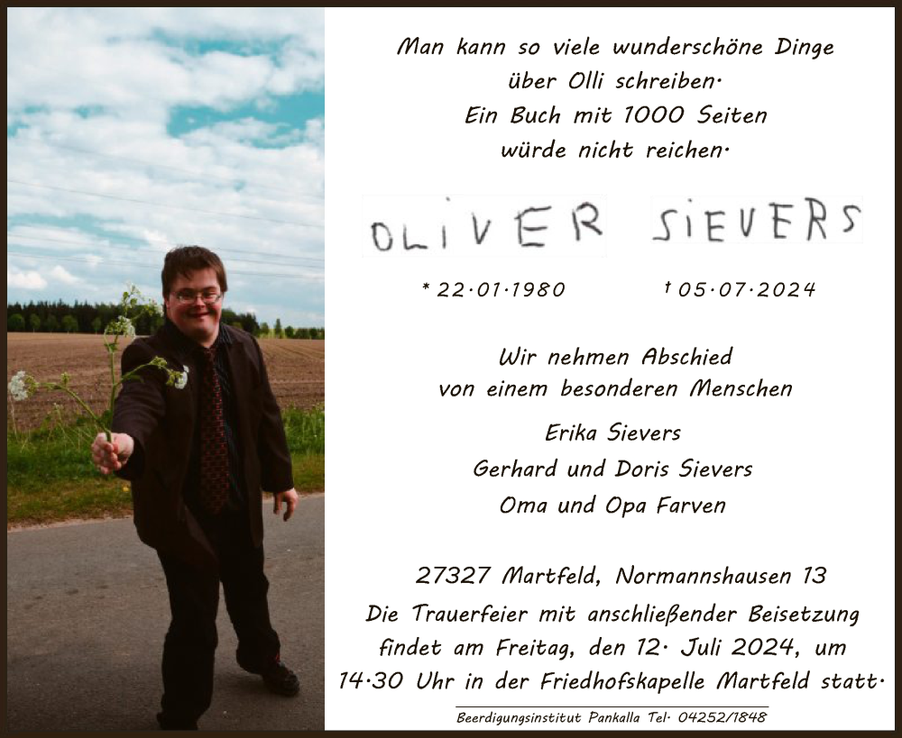  Traueranzeige für Oliver Sievers vom 09.07.2024 aus SYK