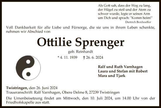 Traueranzeige von Ottilie Sprenger von SYK