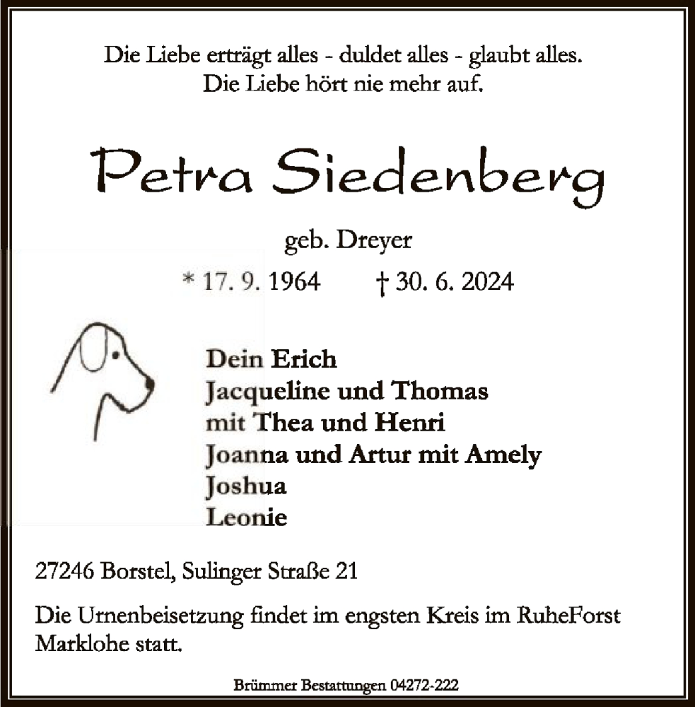  Traueranzeige für Petra Siedenberg vom 10.07.2024 aus SYK