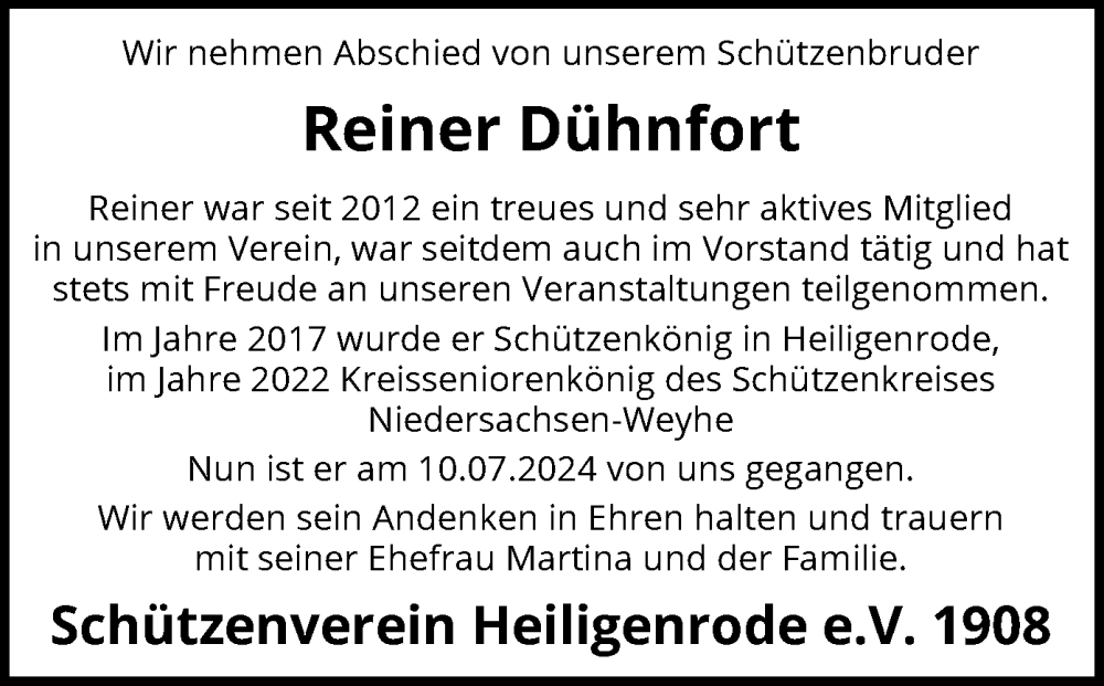  Traueranzeige für Reiner Dühnfort vom 20.07.2024 aus SYK