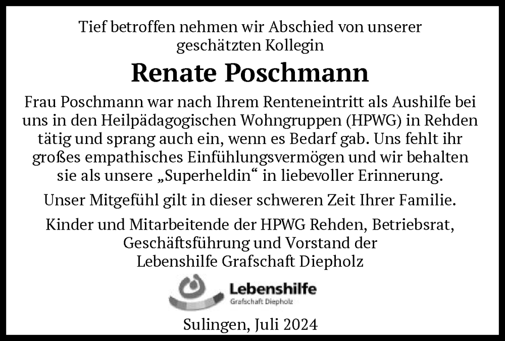  Traueranzeige für Renate Poschmann vom 13.07.2024 aus SYK