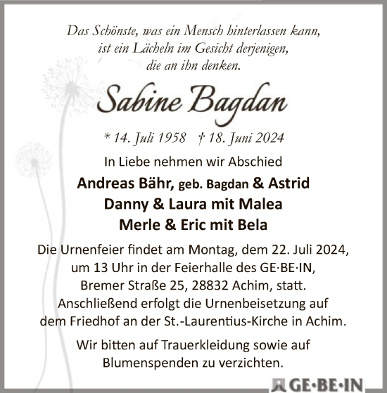 Traueranzeige von Sabine Bagdan von SYK