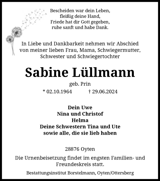 Traueranzeige von Sabine Lüllmann von SYK