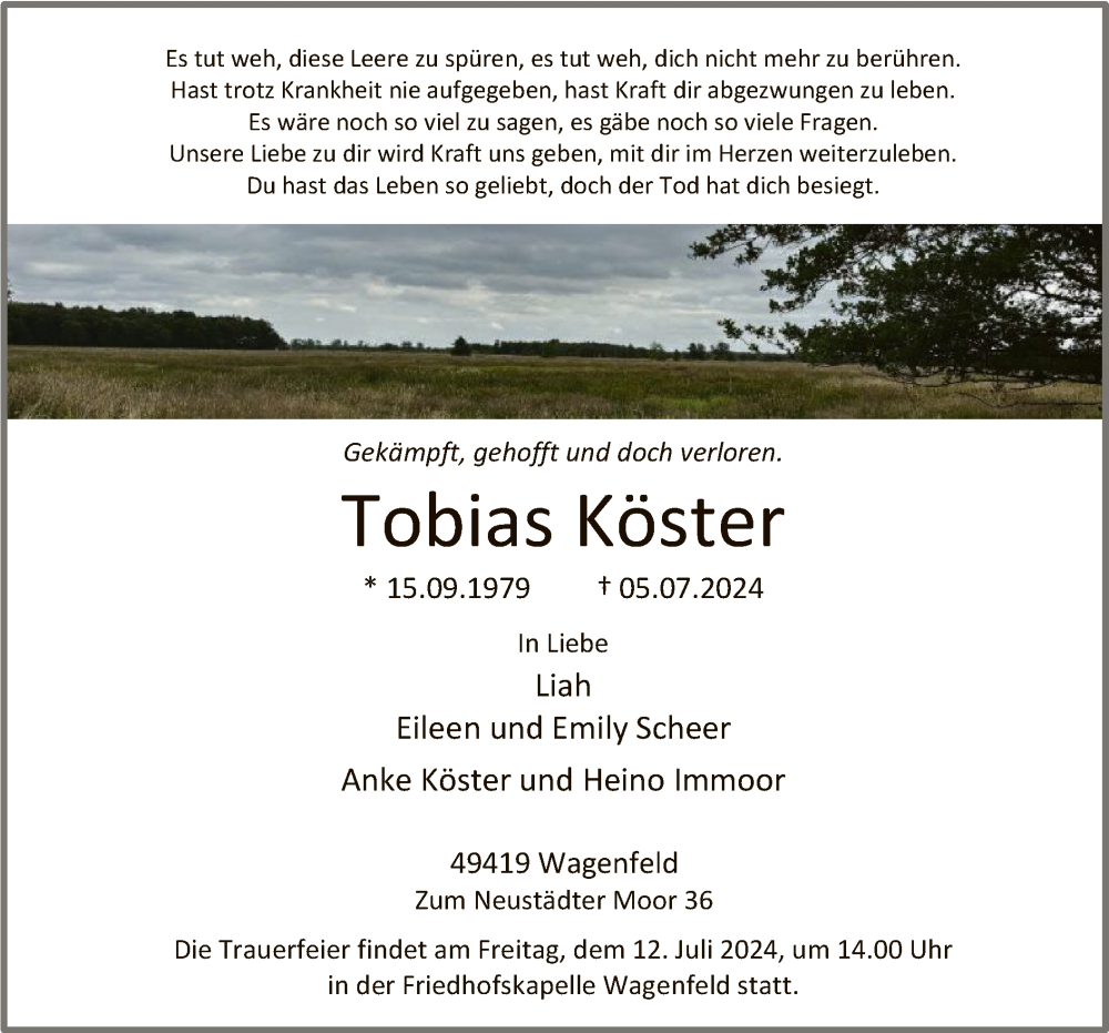  Traueranzeige für Tobias Köster vom 09.07.2024 aus SYK