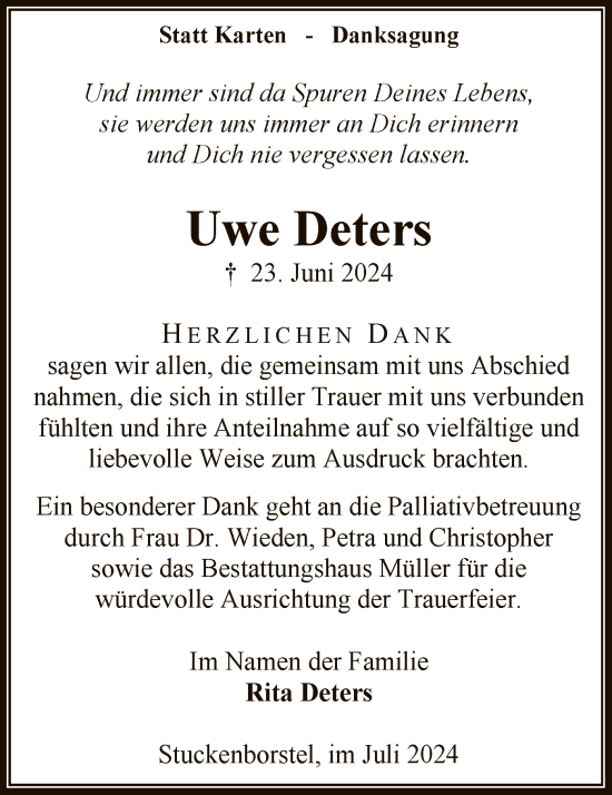 Traueranzeige von Uwe Deters von SYK