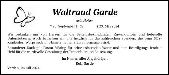 Traueranzeige von Waltraud Garde von SYK