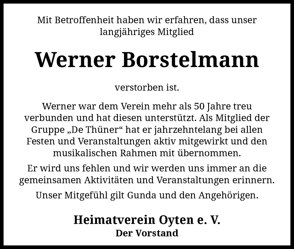  Traueranzeige für Werner Borstelmann vom 20.07.2024 aus SYK