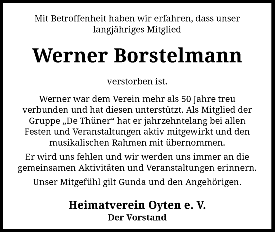 Traueranzeige von Werner Borstelmann von SYK