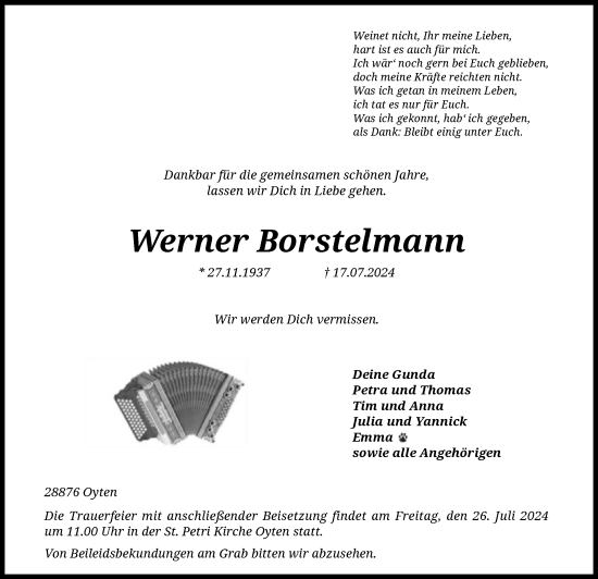 Traueranzeige von Werner Borstelmann von SYK