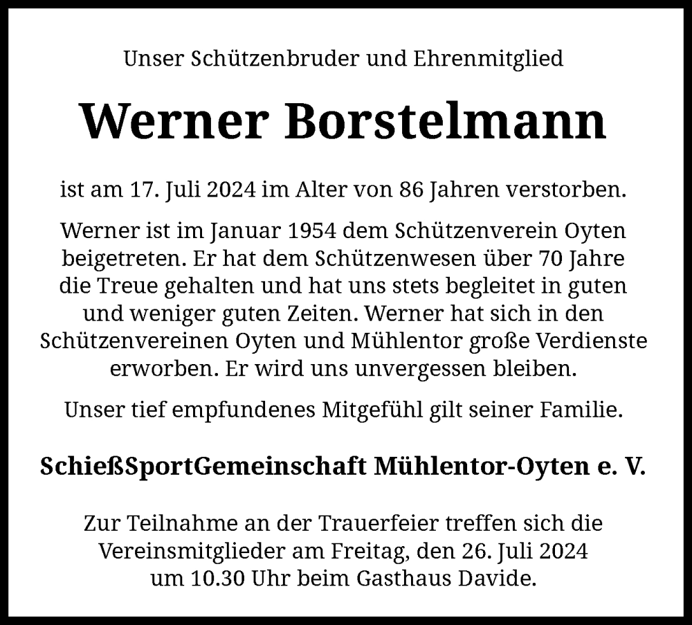  Traueranzeige für Werner Borstelmann vom 20.07.2024 aus SYK