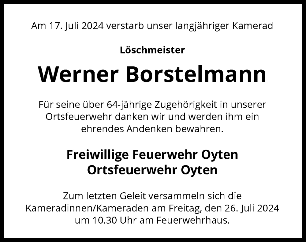  Traueranzeige für Werner Borstelmann vom 20.07.2024 aus SYK