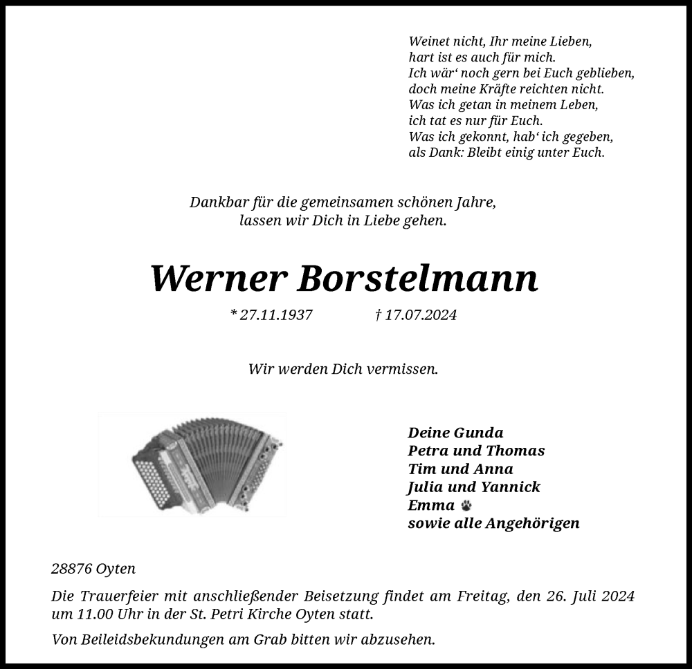  Traueranzeige für Werner Borstelmann vom 20.07.2024 aus SYK