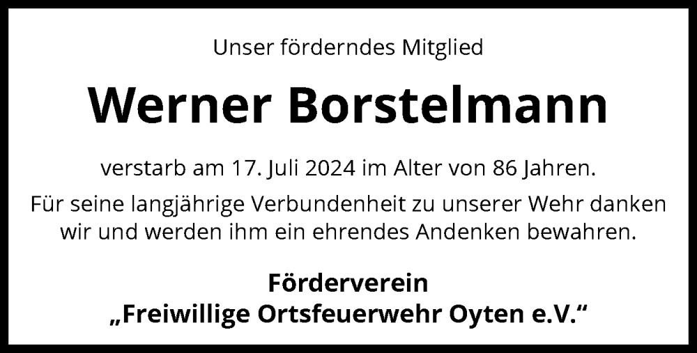  Traueranzeige für Werner Borstelmann vom 20.07.2024 aus SYK