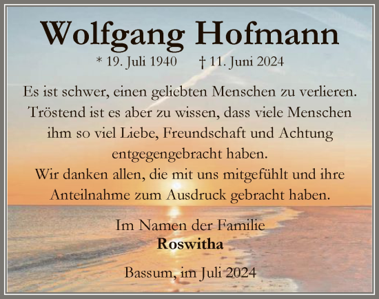 Traueranzeige von Wolfgang Hofmann von SYK