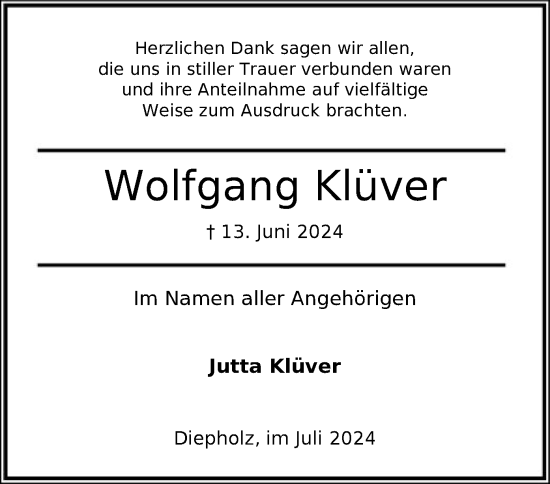 Traueranzeige von Wolfgang Klüver von SYK