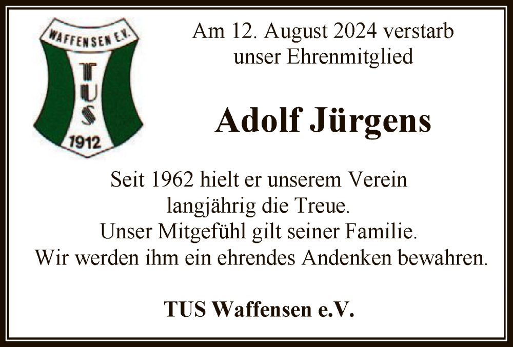  Traueranzeige für Adolf Jürgens vom 17.08.2024 aus SYK