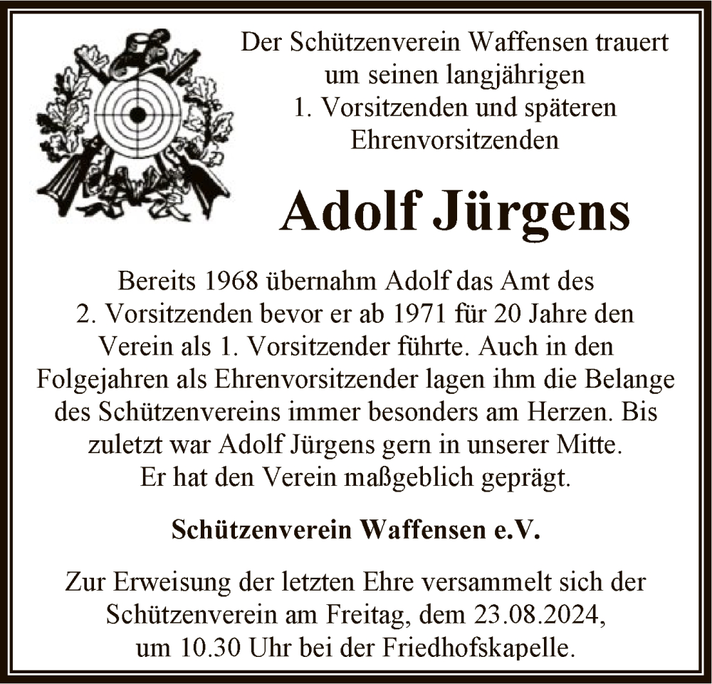  Traueranzeige für Adolf Jürgens vom 17.08.2024 aus SYK