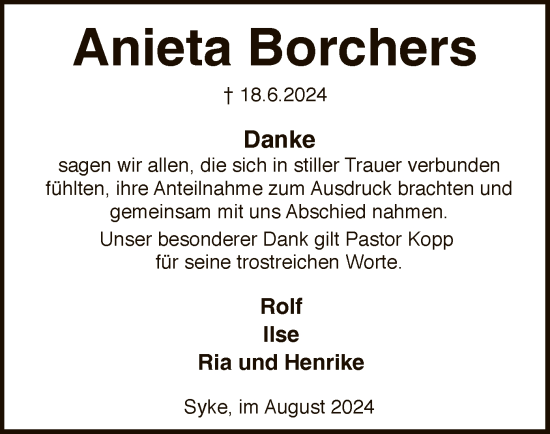 Traueranzeige von Anieta Borchers