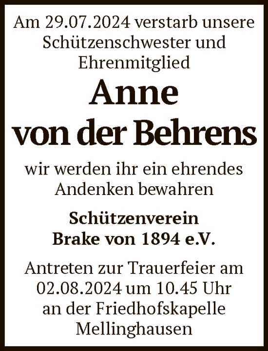 Traueranzeige von Anne von der Behrens von SYK