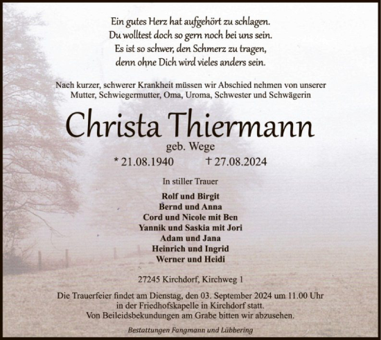 Traueranzeige von Christa Thiermann von SYK