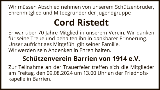 Traueranzeige von Cord Ristedt