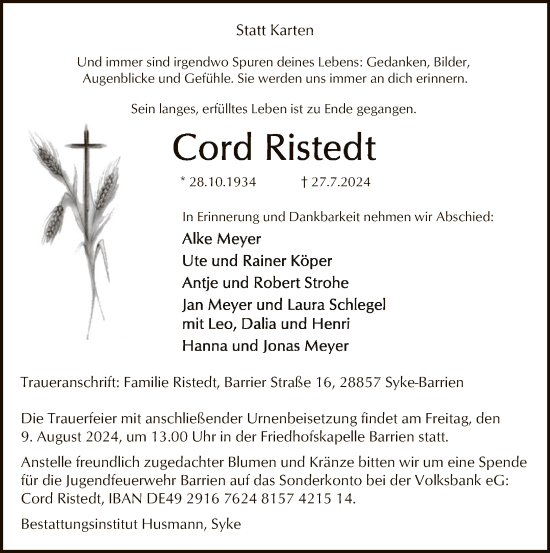 Traueranzeige von Cord Ristedt