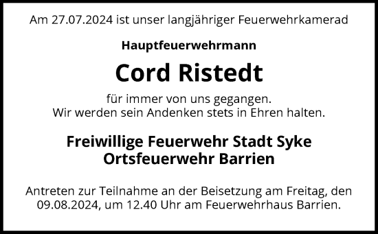 Traueranzeige von Cord Ristedt