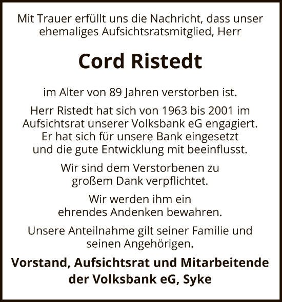 Traueranzeige von Cord Ristedt