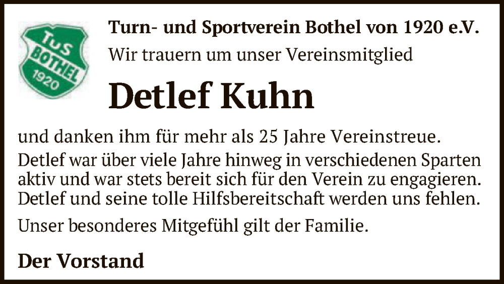  Traueranzeige für Detlef Kuhn vom 03.08.2024 aus SYK