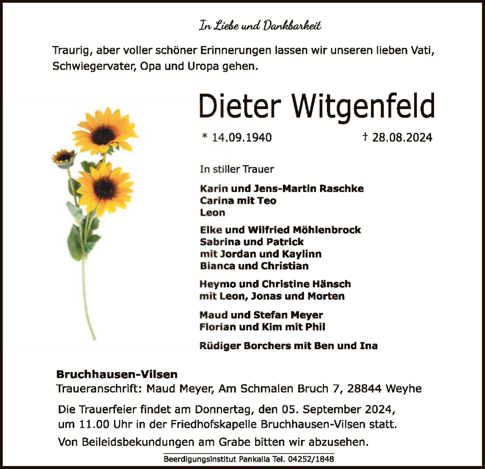  Traueranzeige für Dieter Witgenfeld vom 31.08.2024 aus SYK