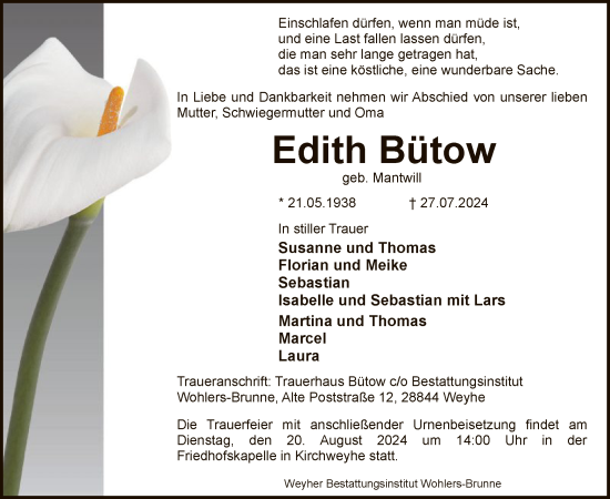 Traueranzeige von Edith Bütow von SYK