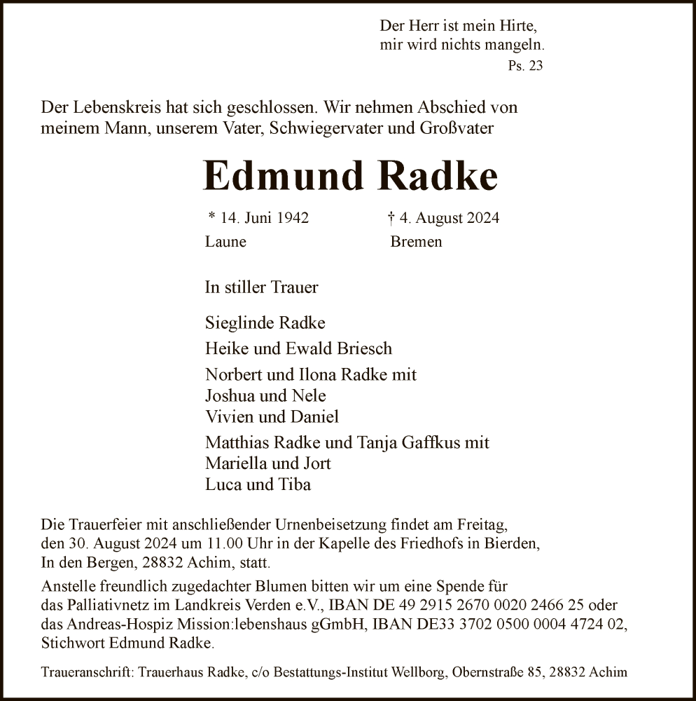  Traueranzeige für Edmund Radke vom 17.08.2024 aus SYK