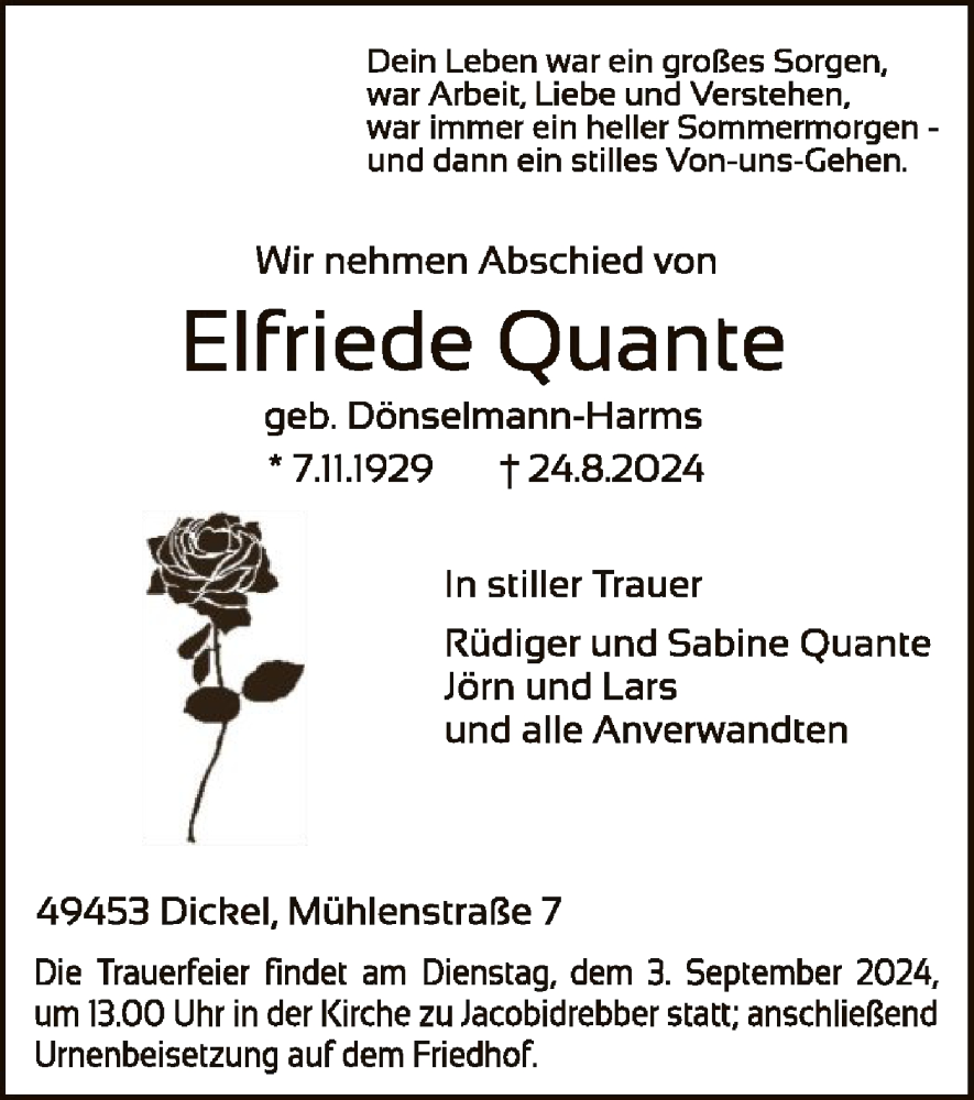  Traueranzeige für Elfriede Quante vom 31.08.2024 aus SYK