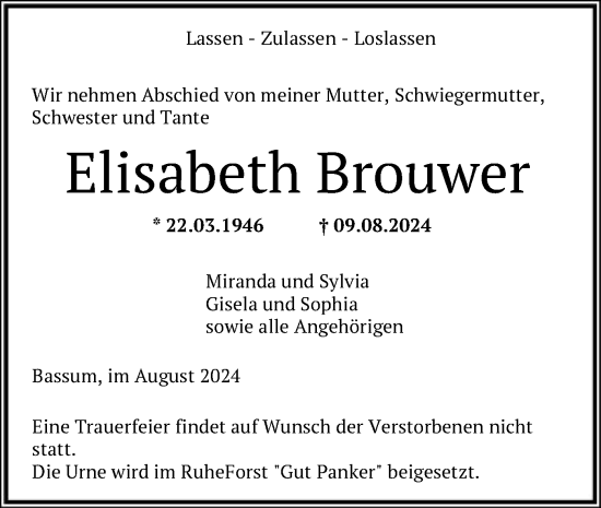 Traueranzeige von Elisabeth Brouwer von SYK