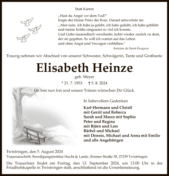 Traueranzeige von Elisabeth Heinze von SYK