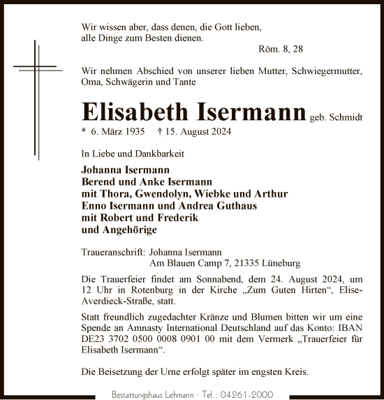 Traueranzeige von Elisabeth Isermann von SYK